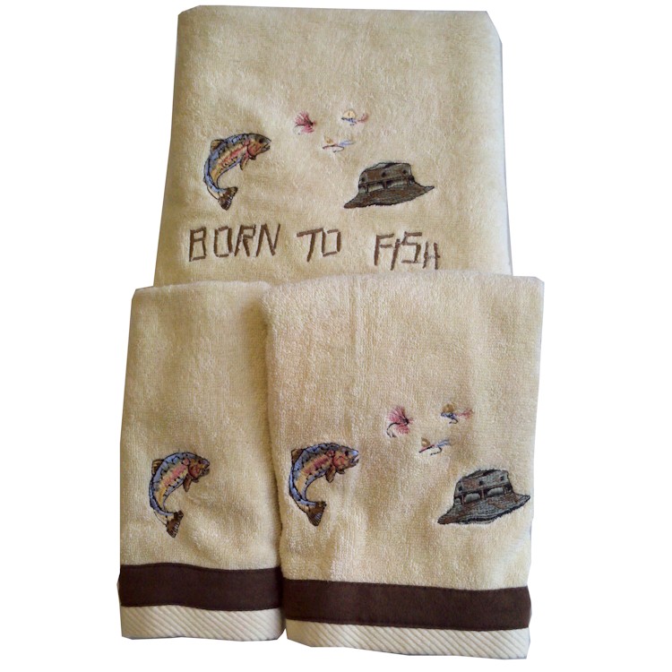 WALLEYE FISH SET OF 2 BATH HAND TOWELS EMBROIDERED BY LAURA 