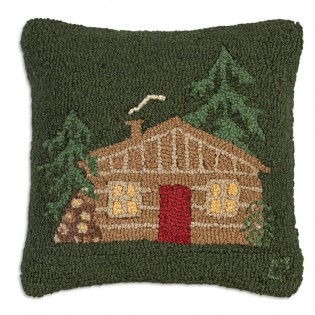 Cabin on Green Wool Pillow
