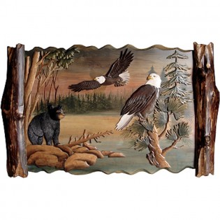 Bear and 2 Eagles Wood Wall Art 38"x27"