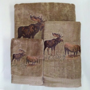 Embroidered Moose Towel Set-Brown