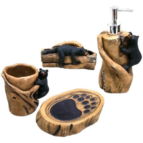 Bears On The Log Bathroom Accessories Set, Bear Bathroom Accessories