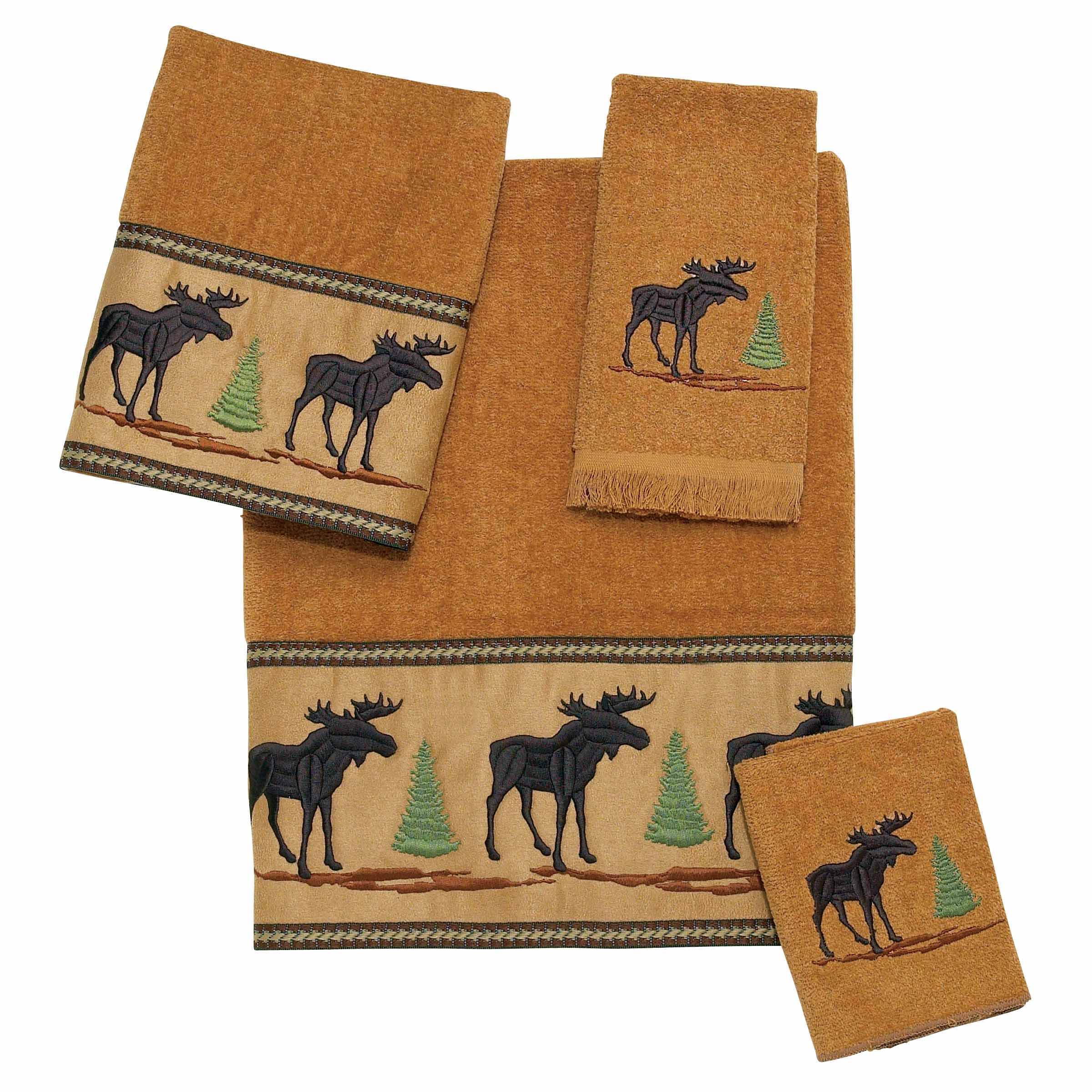 CABIN SCENE Canoe Bear Moose EMBROIDERED SET 2 BATHROOM HAND TOWELS by laura 