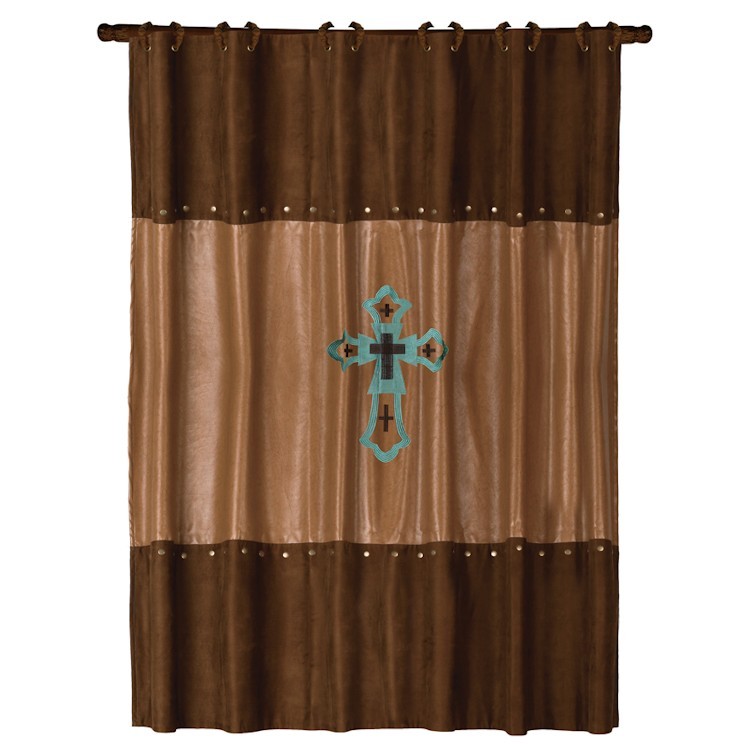Embroidered Cross Shower Curtain, Faux Leather Curtains Tan