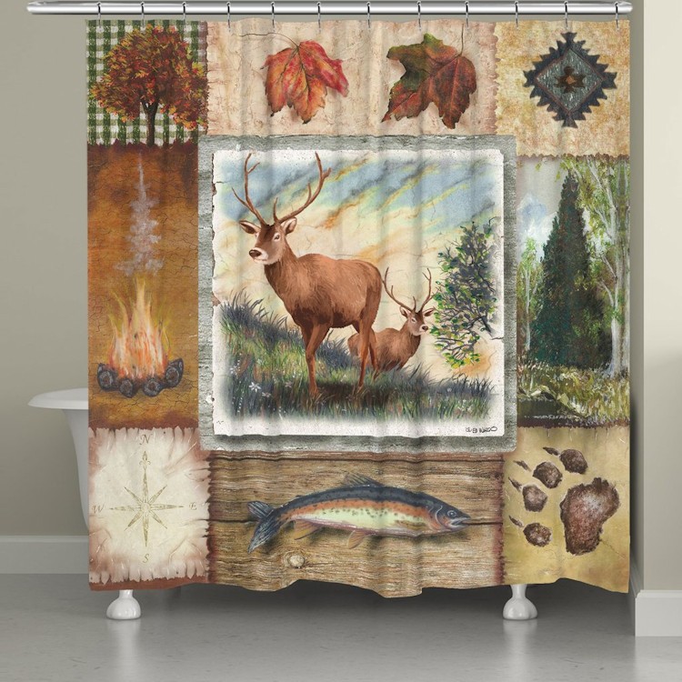 Wilderness Deer Collage Shower Curtain, Rustic Lodge Bear Moose Deer Shower Curtain