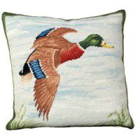 Mallard in Flight Needlepoint Pillow