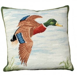 Mallard in Flight Needlepoint Pillow