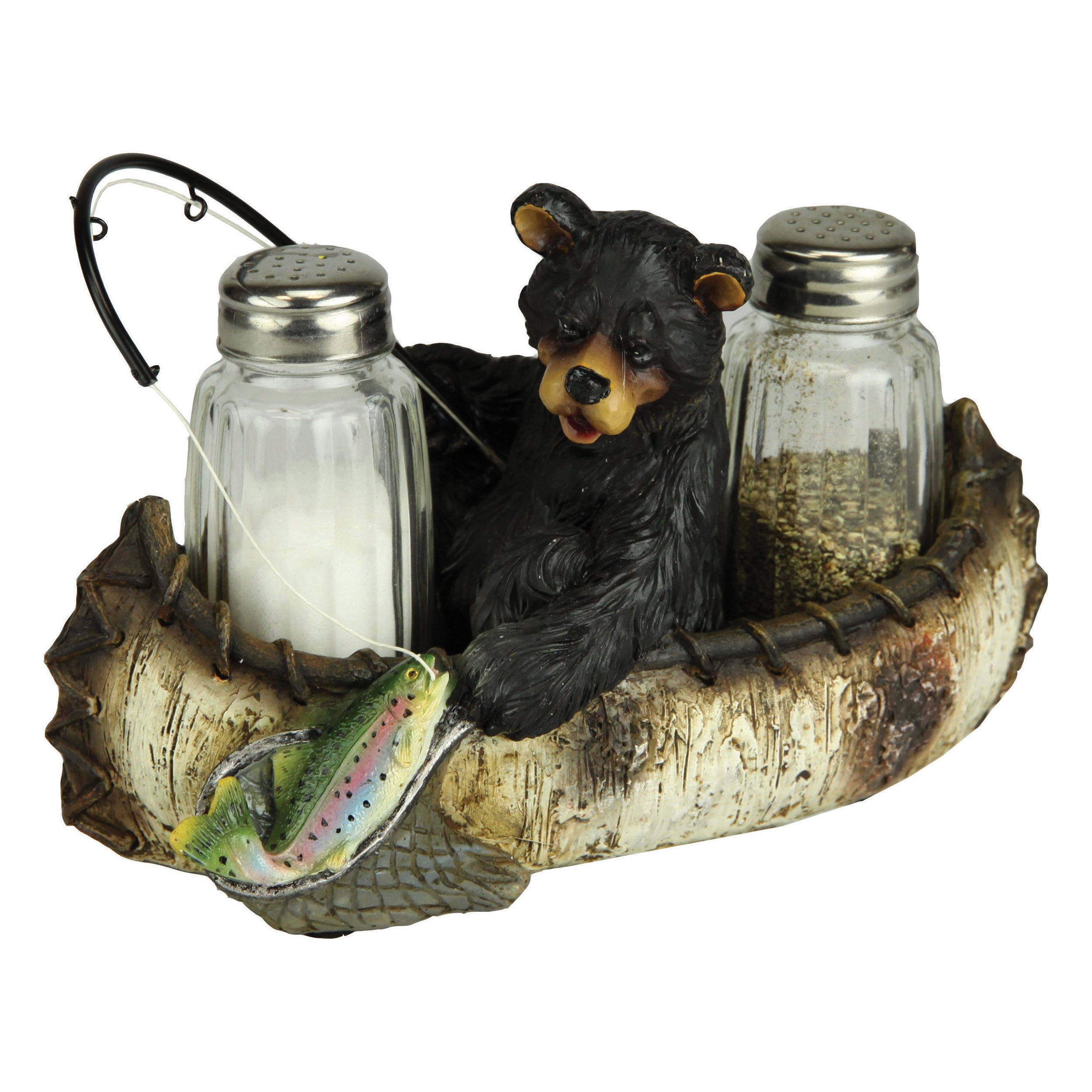 6 1/2 Inch Two Fishing Moose in Canoe Salt and Pepper Shaker Holder Shakers Included