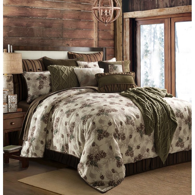 FOREST PINES 3pc King QUILT SET LODGE PINECONE CABIN BROWN TREES FOREST